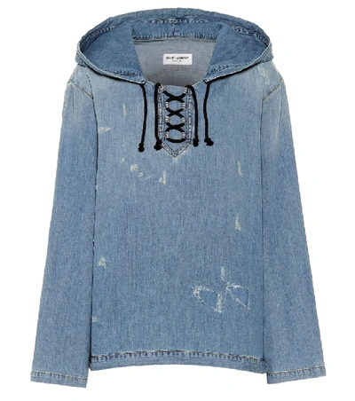 Shop Saint Laurent Destroyed Denim Hoodie In Blue