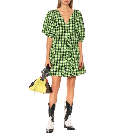 Ganni Checked Cotton-blend Seersucker Mini Dress In Green | ModeSens