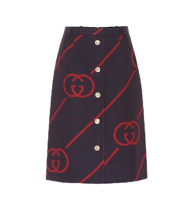 Shop Gucci Reversible Wool Midi Skirt In Blue