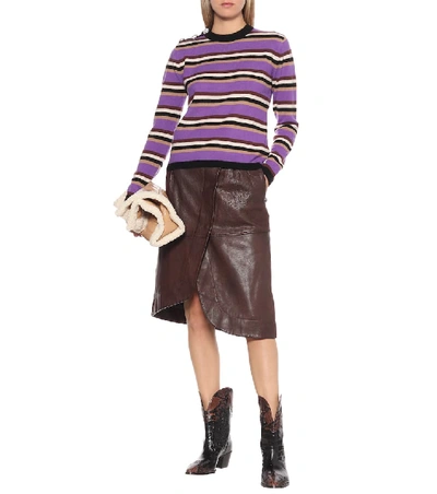 Shop Ganni Embellished Striped Cashmere Sweater In Purple