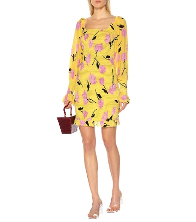 Shop Ganni Floral Georgette Minidress In Yellow