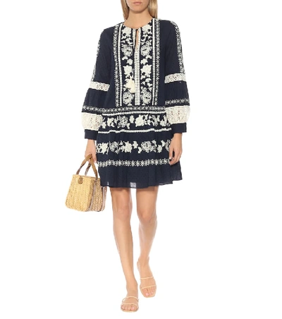 Shop Tory Burch Boho Embroidered Cotton Minidress In Blue