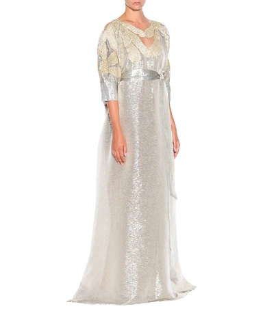 Shop Oscar De La Renta Sequined Silk Gown In Metallic