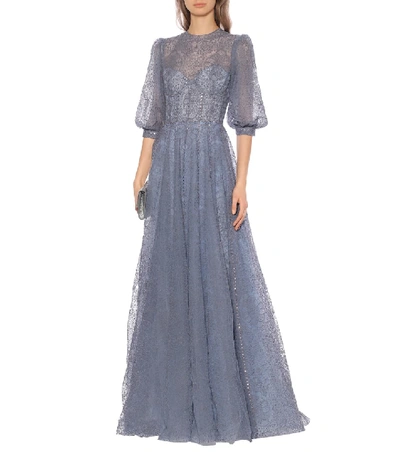 Shop Costarellos Torie Embellished Tulle Gown In Blue