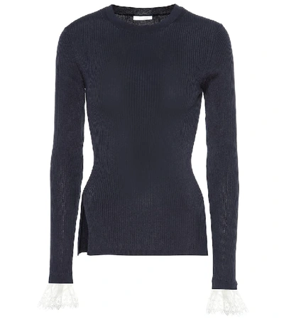 Shop Chloé Organza-trimmed Ribbed-knit Sweater In Blue