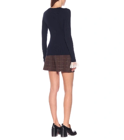 Shop Chloé Organza-trimmed Ribbed-knit Sweater In Blue