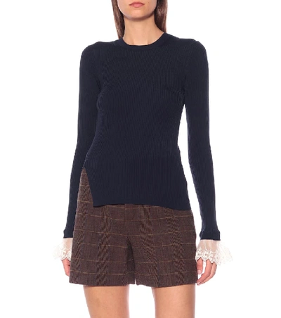 Shop Chloé Organza-trimmed Ribbed-knit Sweater In Blue