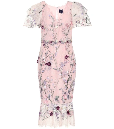 Shop Marchesa Notte Embroidered Tulle Midi Dress In Pink