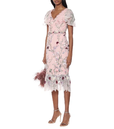 Shop Marchesa Notte Embroidered Tulle Midi Dress In Pink