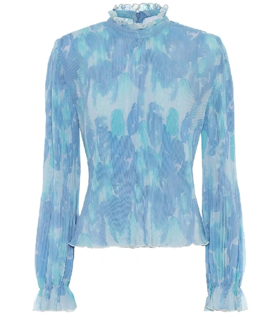 Shop Ganni Printed Pleated Georgette Blouse In Blue