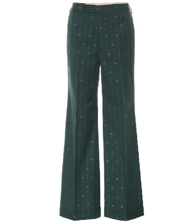 Shop Gucci Gg Striped Wool Wide-leg Pants In Green