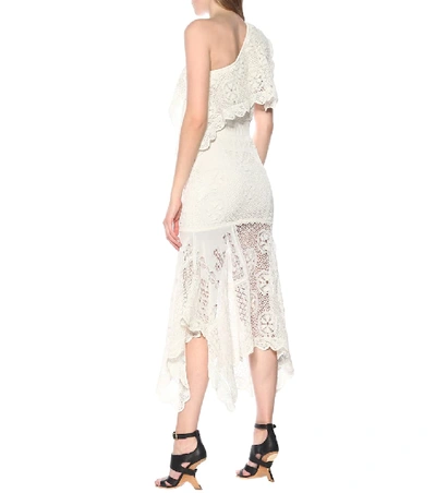 Shop Alexander Mcqueen One-shoulder Lace Midi Dress In White