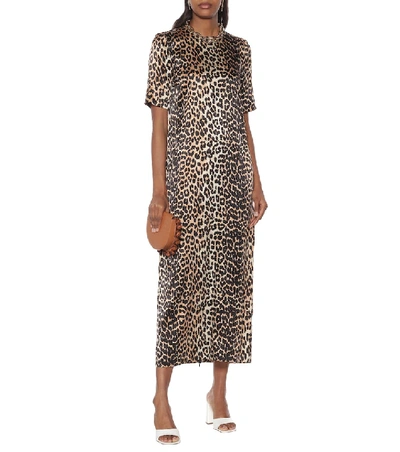 Shop Ganni Leopard-print Stretch-silk Maxi Dress In Brown