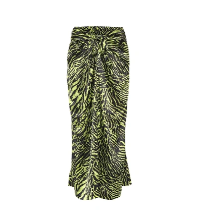 Shop Ganni Tiger-print Stretch-silk Midi Skirt In Green