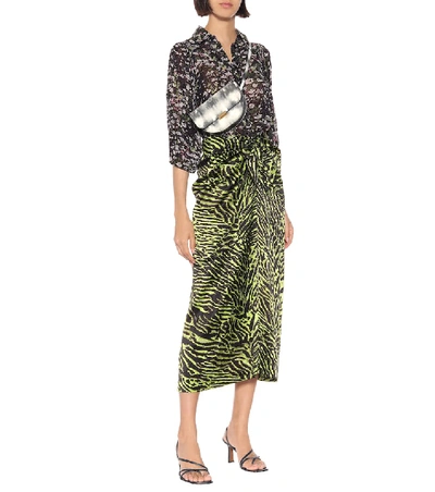 Shop Ganni Tiger-print Stretch-silk Midi Skirt In Green