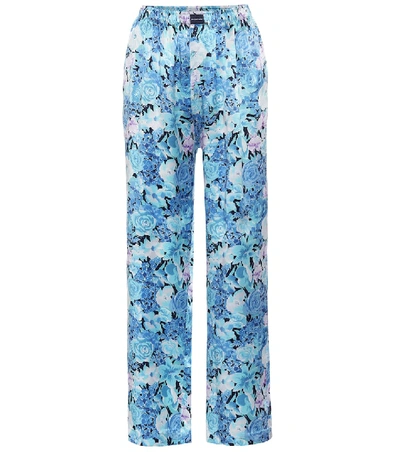 Shop Balenciaga Floral Wide-leg Silk Pants In Blue