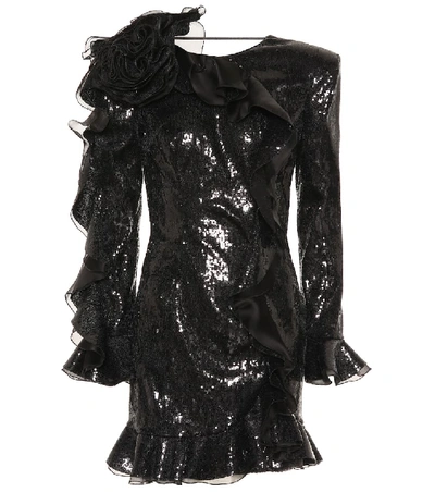 Shop Dundas Ruffle-trimmed Sequined Minidress In Black