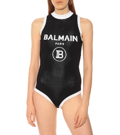 Shop Balmain Logo Intarsia Jersey Bodysuit In Black