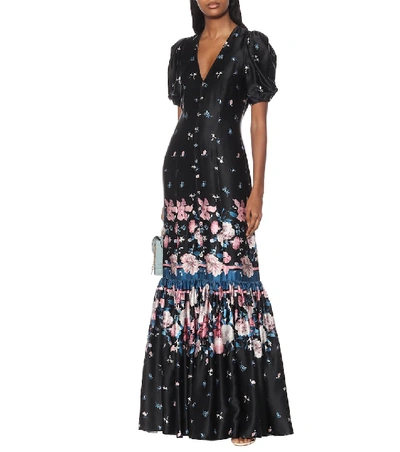 Shop Erdem Rosetta Floral Silk-satin Gown In Black