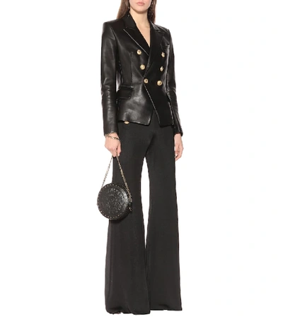 Balmain Black Double-breasted Jacket With Gold-colored Branded Buttons In Soft Leather Woman In Black