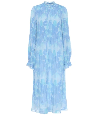 Ganni Ruffled Pleated Printed Georgette Midi Dress In Sky Blue | ModeSens