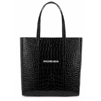 Shop Balenciaga Everyday S Black Crocodile-effect Leather Tote