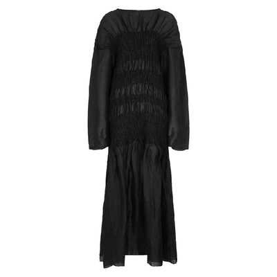 Shop Totême Coripe Black Smocked Linen-blend Maxi Dress
