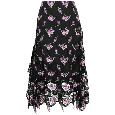 Shop Paco Rabanne Black Floral Lace And Satin Midi Skirt