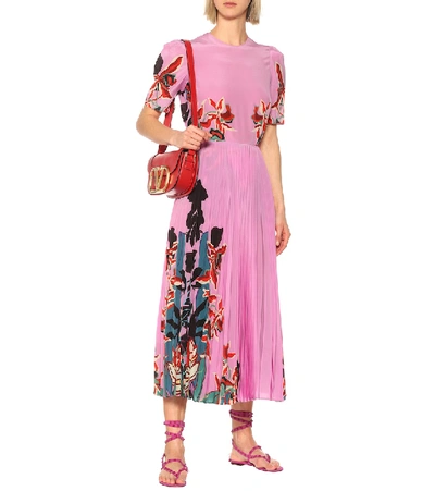 Shop Valentino Pleated Silk Midi Skirt In Pink