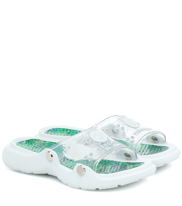 Versace Tropical Plant Print Slides In 