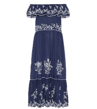 Shop Juliet Dunn Embroidered Cotton Midi Dress In Blue