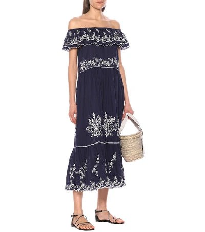 Shop Juliet Dunn Embroidered Cotton Midi Dress In Blue