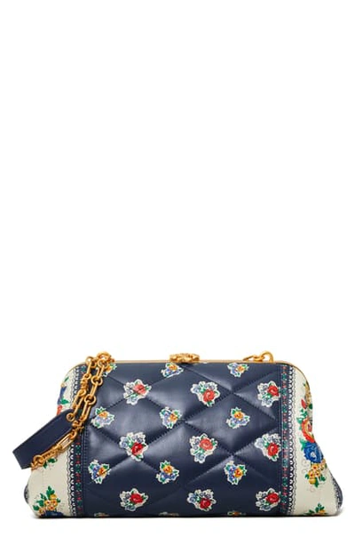 Tory Burch Cleo Quilted Floral Leather Shoulder Bag In Navy Tea Rose Border  | ModeSens