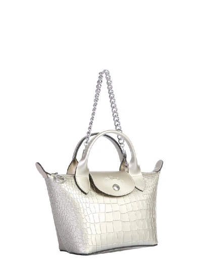 Shop Longchamp Mini Le Pliage Cuir Shoulder Bag In Silver