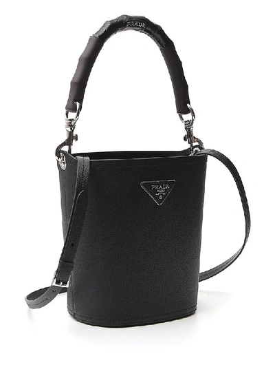 Shop Prada Logo Plaque Bucket Bag In Black