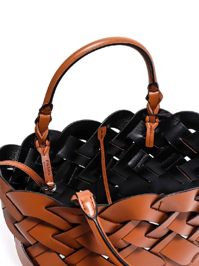 Shop Prada Woven Bucket Bag In Brown