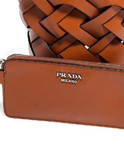 Shop Prada Woven Bucket Bag In Brown