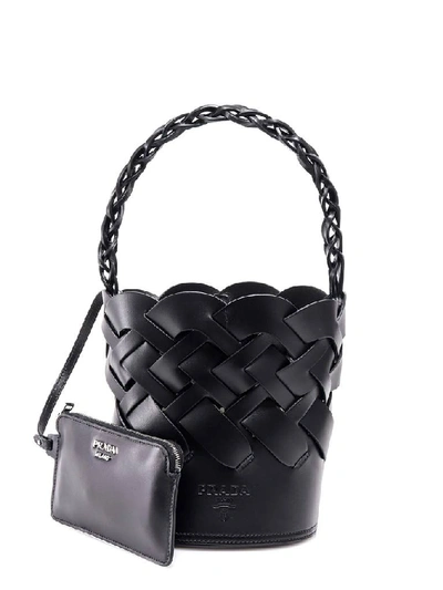 Shop Prada Woven Bucket Bag In Black