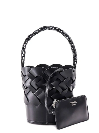 Shop Prada Woven Bucket Bag In Black