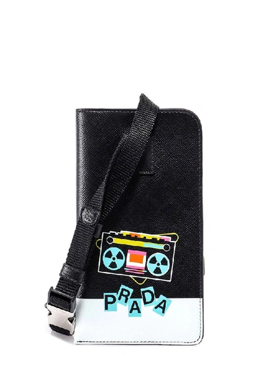 Shop Prada Record Player Print Neck Cardholder In Black