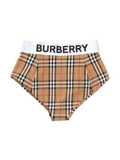 Shop Burberry Logo Waistband Checked Bikini Bottoms In Beige