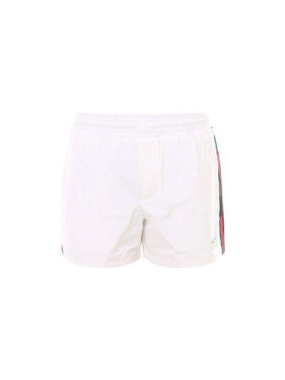 Shop Gucci Side Stripe Swim Trunks In White