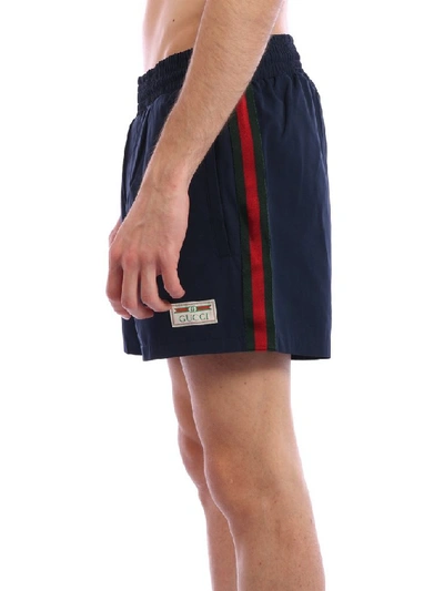 Shop Gucci Side Stripe Swim Trunks In Blue