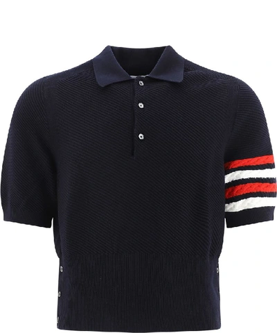 Shop Thom Browne Stripe Sleeve Detail Polo Shirt In Blue