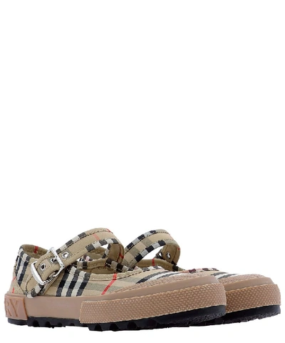 Shop Burberry Checked Mary Jane Flat Shoes In Beige