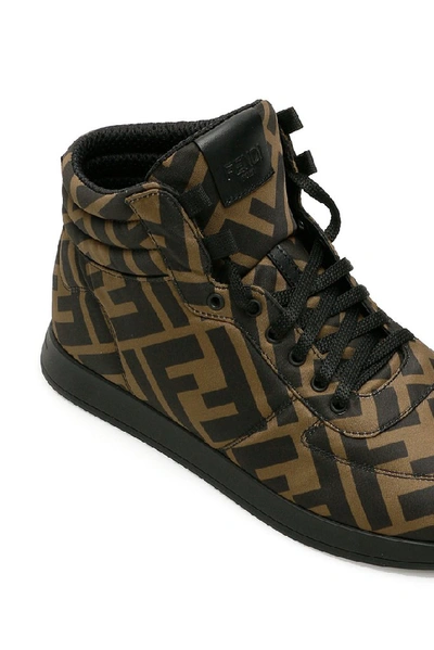 Shop Fendi Logo Monogram High Top Sneakers In Brown