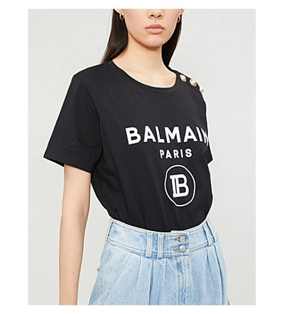Shop Balmain Logo-print Cotton-jersey T-shirt In Noir/blanc