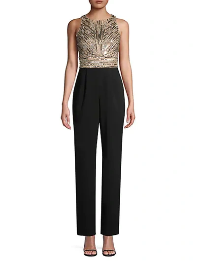 Shop Aidan Mattox Sleeveless Sequined Bodice Jumpsuit In Black Nude