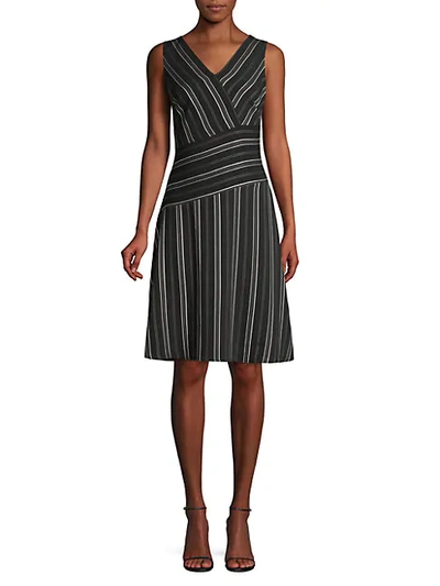 Shop Donna Karan Striped V-neck Dress In Black