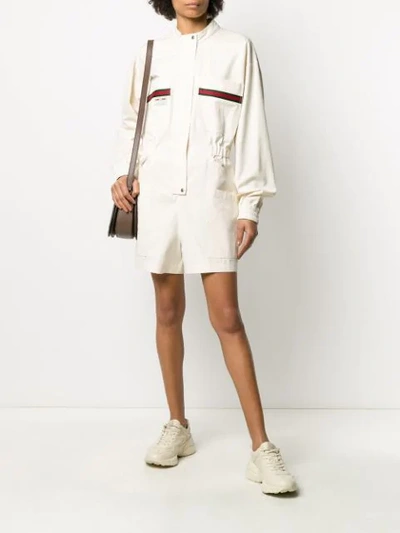 Shop Gucci Web Logo Patch Playsuit In Neutrals